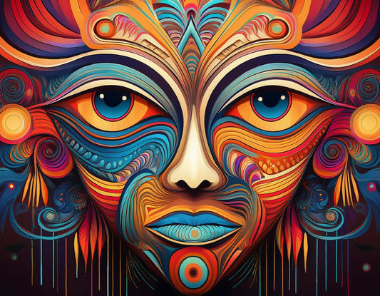 Ein farbenfrohes Kunstwerk eines Frauengesichts mit blauen Augen und psychedelischem Muster. Enthält lebendige Farben und cartoonartige Details.