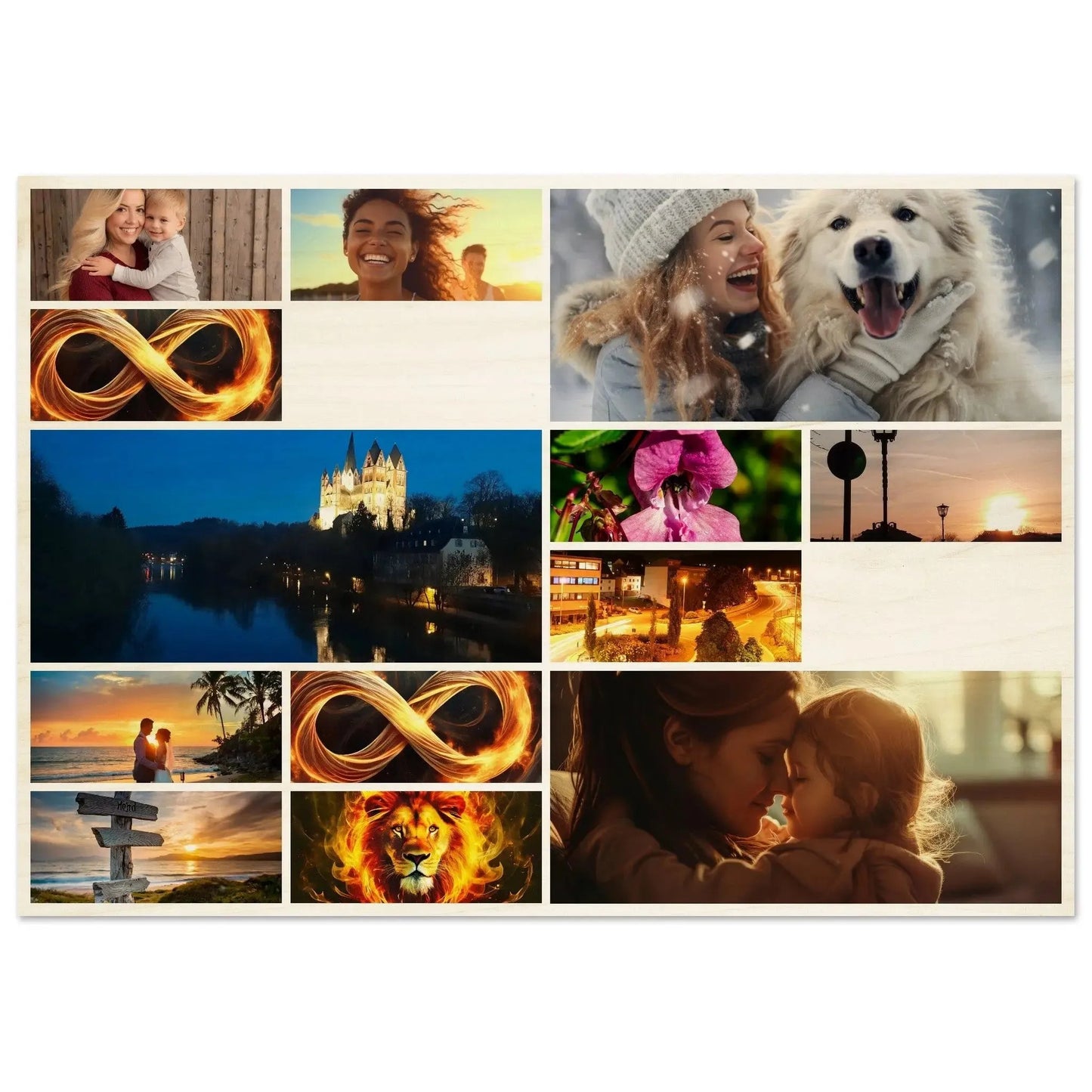 Stimmungsvolle Wandkunst für stilvolle Räume. Fotocollage auf Birkenholzplatte Erinnerungen bewahren: für stilvolle Raumgestaltung. Eine besondere Bereicherung für jeden Raum.