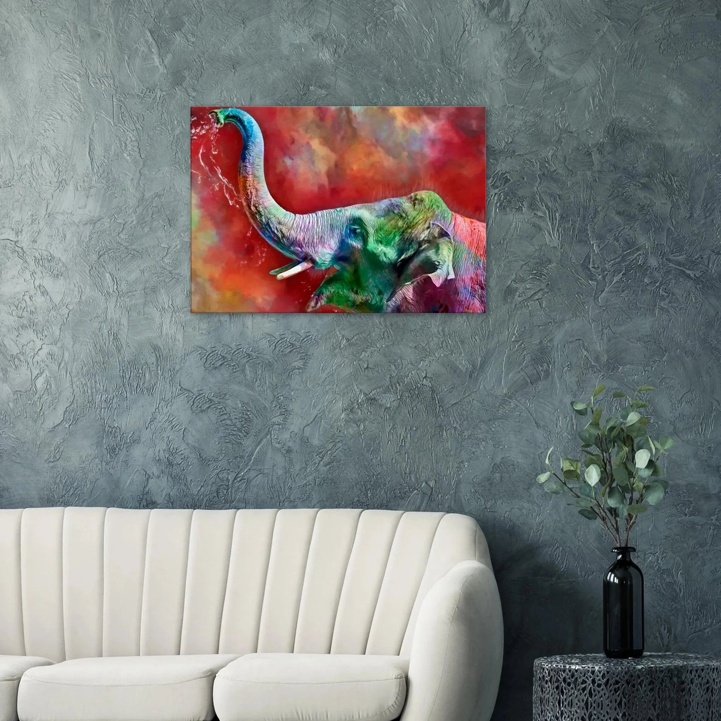 Stimmungsvolle Wandkunst für stilvolle Räume. Leinwand Bunter Elefant in lebendigen Farben 70x100 cm: für stilvolle Raumgestaltung. Schlicht, elegant und wirkungsvoll.