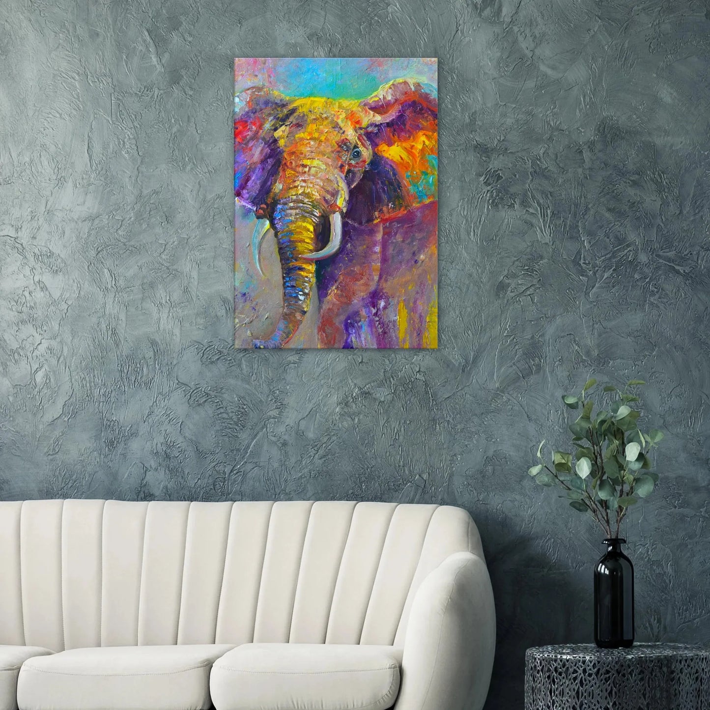 Dekoration mit Charakter. Leinwand Kunstdruck Bunter Elefant – Lebendige Farben 70x100 cm: passt in jedes Ambiente. Schlicht, elegant und wirkungsvoll.