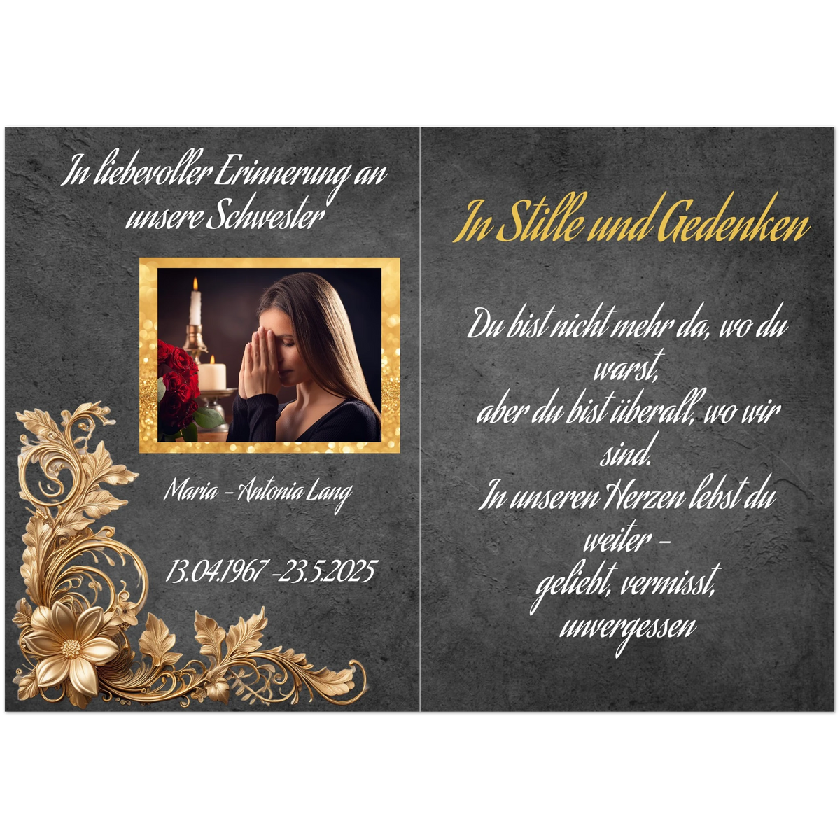 Stimmungsvolle Wandkunst für stilvolle Räume. Trauerspruch schwester- Dankeskarte handgemacht als Kunstdruck: zeitlos und harmonisch. Schlicht, elegant und wirkungsvoll.
