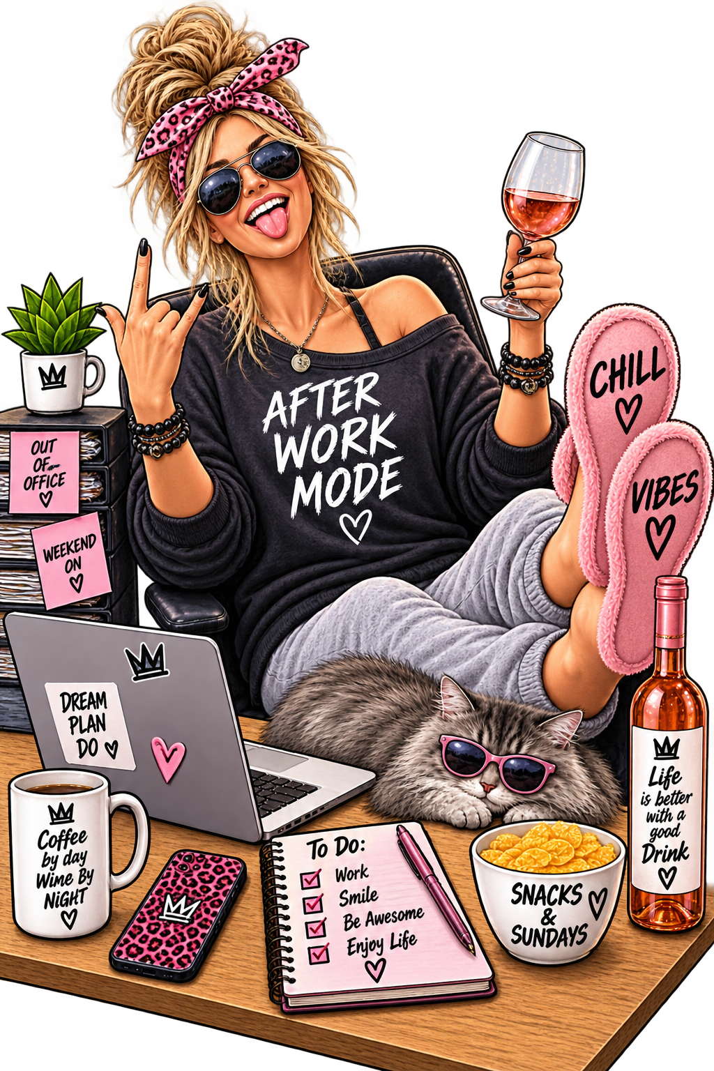 Originalmotiv: Freche blonde Frau mit Sonnenbrille, rosa Haarschleife und Weinglas sitzt mit einer Katze in Sonnenbrille an einem Schreibtisch.
