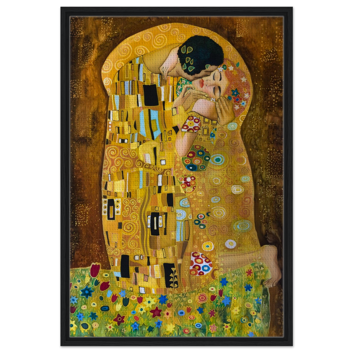 Stimmungsvolle Wandkunst für stilvolle Räume. Gustav Klimt Der Kuss - Gerahmte Leinwand 70x100 cm: zeitlos und harmonisch. Schlicht, elegant und wirkungsvoll.