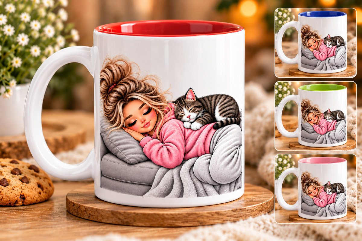 Katzen Tasse mit rosa Innenseite, weißem Henkel und liebevollem Motiv einer schlafenden Frau mit getigerter Katze