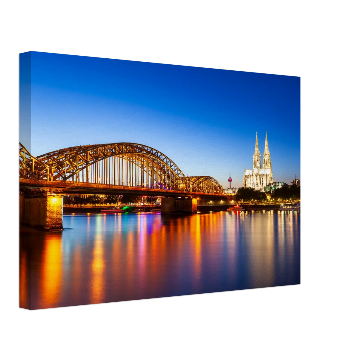Stimmungsvolle Wandkunst für stilvolle Räume. Köln bei Nacht – Hochwertiger Leinwanddruck für Wohnzimmer & Büro: zeitlos und harmonisch. Schlicht, elegant und wirkungsvoll.