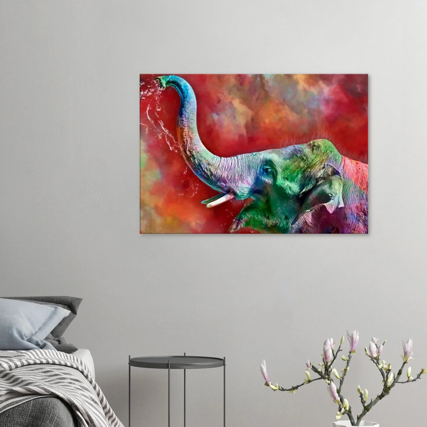 Ein Ausdruck moderner Ästhetik. Leinwand Bunter Elefant in lebendigen Farben 70x100 cm: zeitlos und harmonisch. Schlicht, elegant und wirkungsvoll.