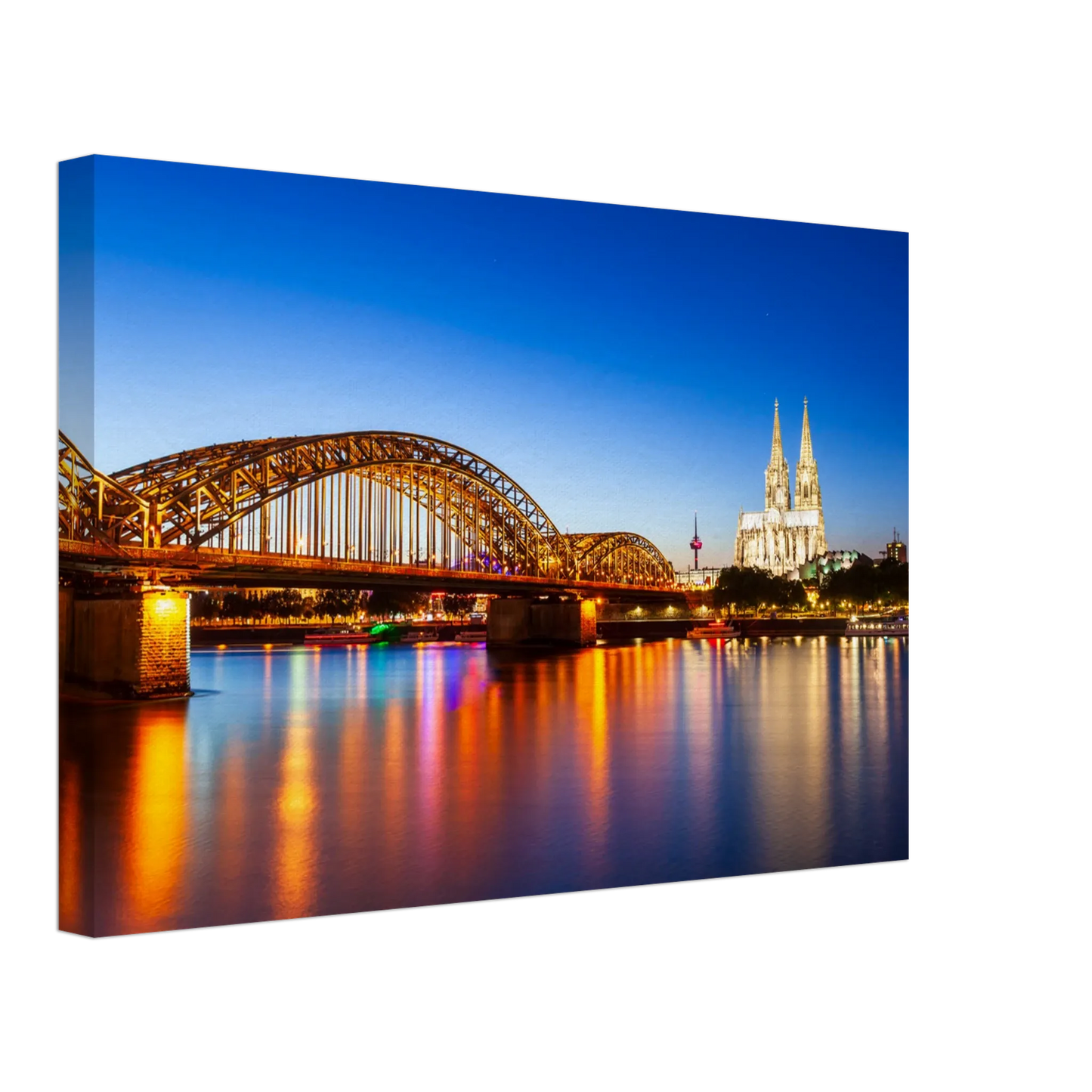 Stimmungsvolle Wandkunst für stilvolle Räume. Köln bei Nacht – Hochwertiger Leinwanddruck für Wohnzimmer & Büro: zeitlos und harmonisch. Schlicht, elegant und wirkungsvoll.