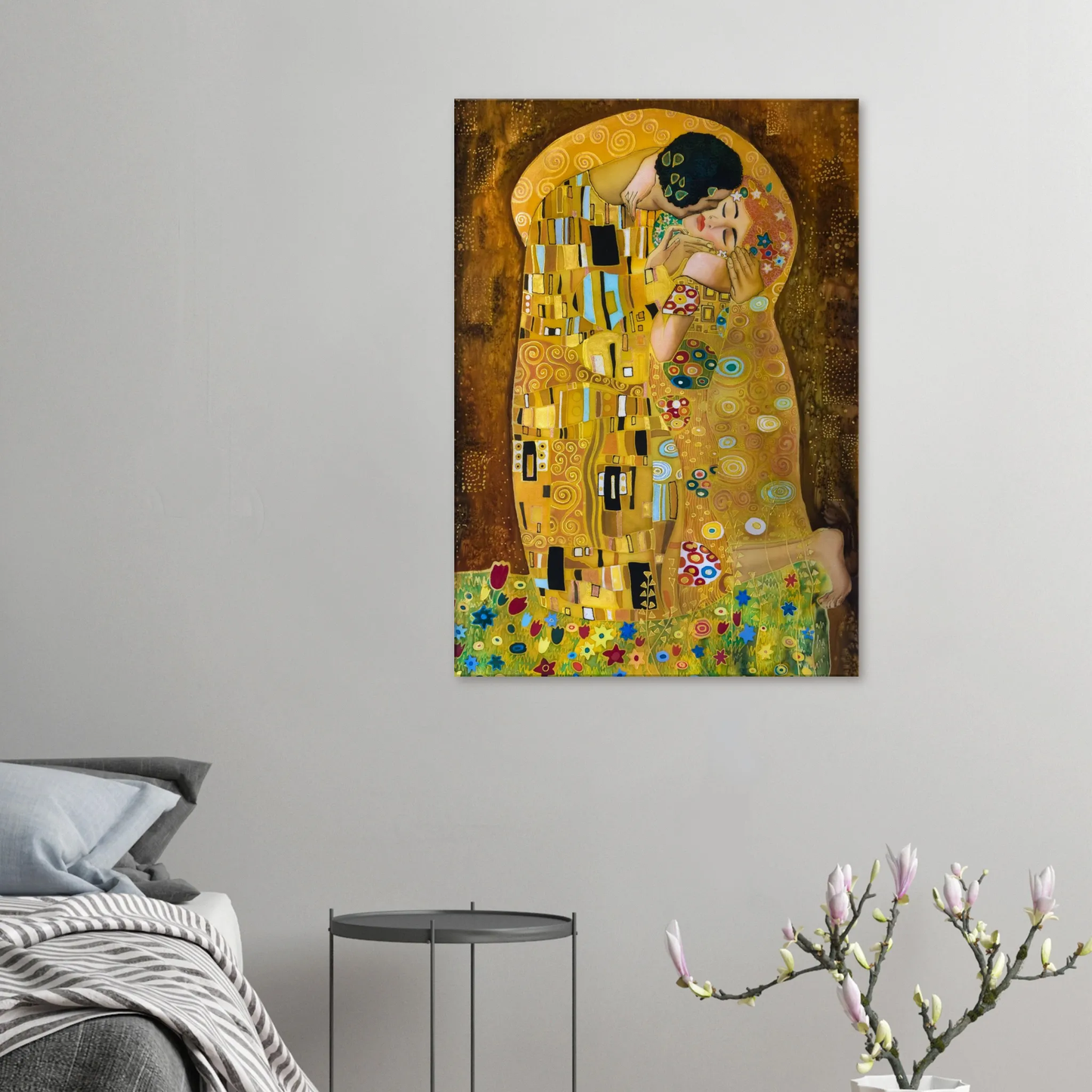 Ein Ausdruck moderner Ästhetik. Gustav Klimt Der Kuss – Leinwanddruck für zeitlose Kunstliebhaber: passt in jedes Ambiente. Schlicht, elegant und wirkungsvoll.