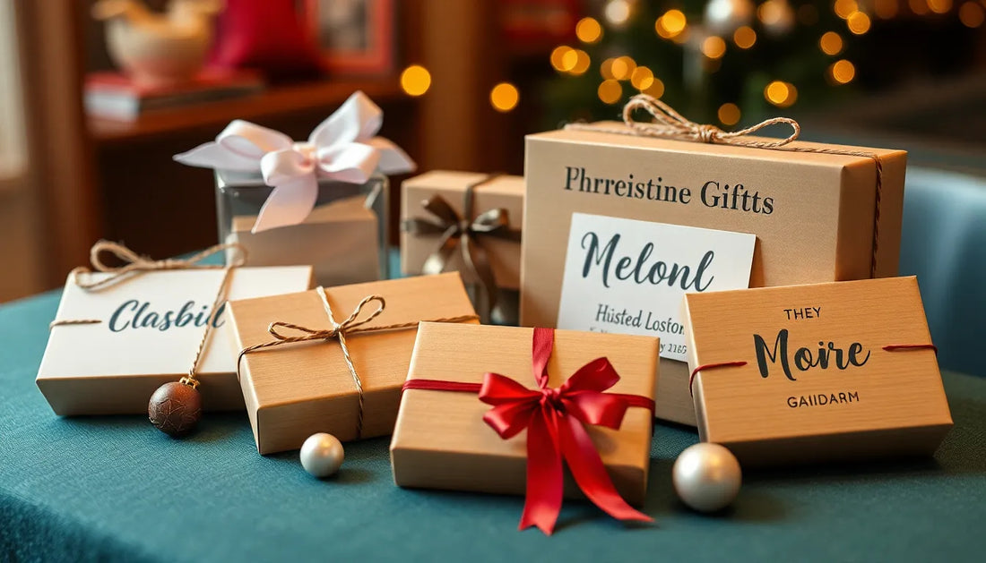 A collection of beautifully wrapped gifts in varying sizes, featuring ribbons and tags, set on a teal surface with warm bokeh lights in the background.