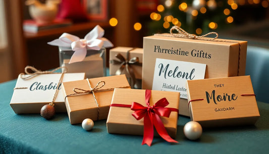 A collection of beautifully wrapped gifts in varying sizes, featuring ribbons and tags, set on a teal surface with warm bokeh lights in the background.
