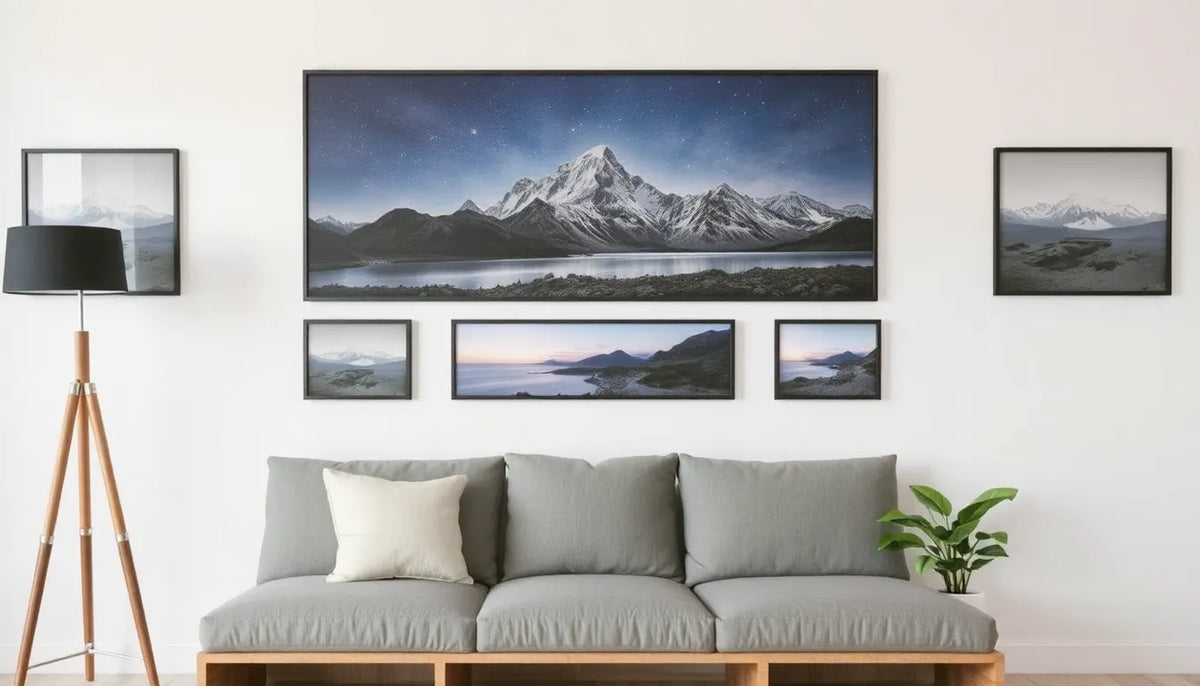 Stylish living room featuring a gray sofa, framed mountain landscape artwork, and a tall lamp, enhancing a cozy atmosphere.