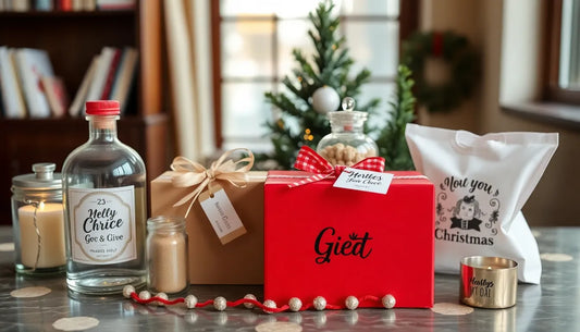 Red gift box with "Gíet" label, bottles, and white bag on a table, surrounded by festive decorations and a Christmas tree.