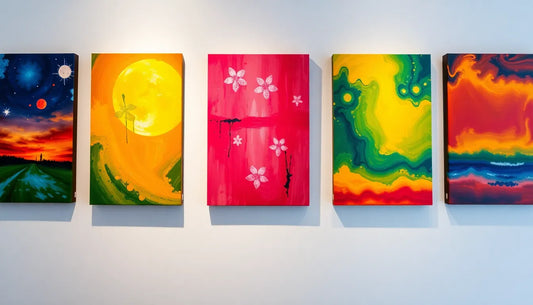 Five colorful canvas prints display vibrant scenes: a cosmic landscape, a bright sun with flora, abstract colors in green, yellow, red, and blue.