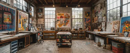 An art studio filled with colorful paintings, large windows providing natural light, and a central worktable amid creative chaos.