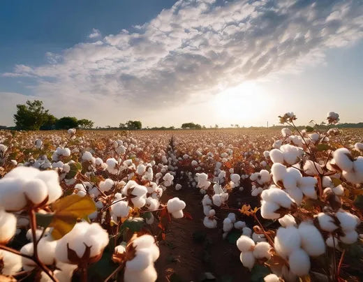 Cotton plants with fluffy white bolls stretch across a sunny field under a bright blue sky with scattered clouds.