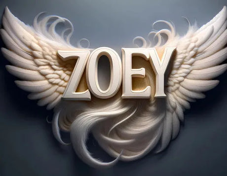 Bold white lettering spelling "ZOEY" is flanked by flowing, ethereal white wings, set against a soft gray background.