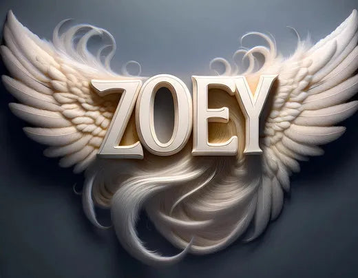 Bold white lettering spelling "ZOEY" is flanked by flowing, ethereal white wings, set against a soft gray background.