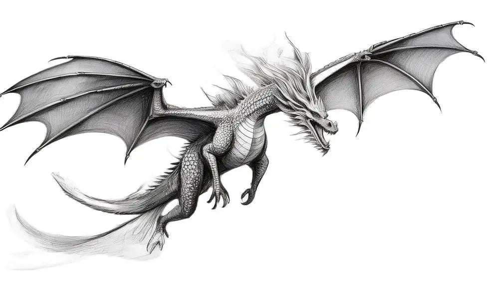 Intricately detailed black and white illustration of a dragon with large wings and fierce expression, embodying power and mystique.