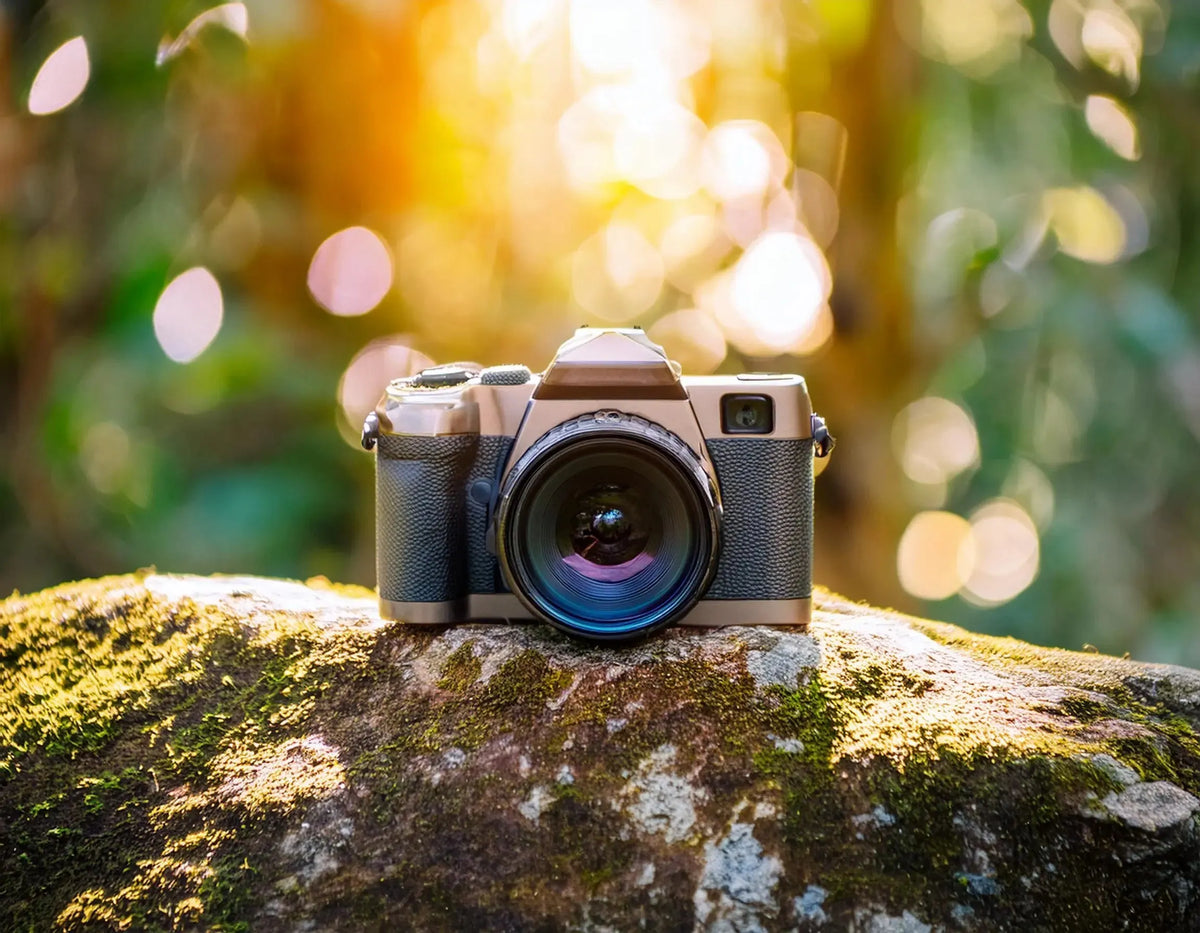A vintage-style camera rests on a moss-covered rock, illuminated by warm, dappled sunlight and surrounded by lush greenery.