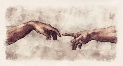 Two human hands reaching towards each other, showcasing a delicate connection, with soft tones against a textured light background.