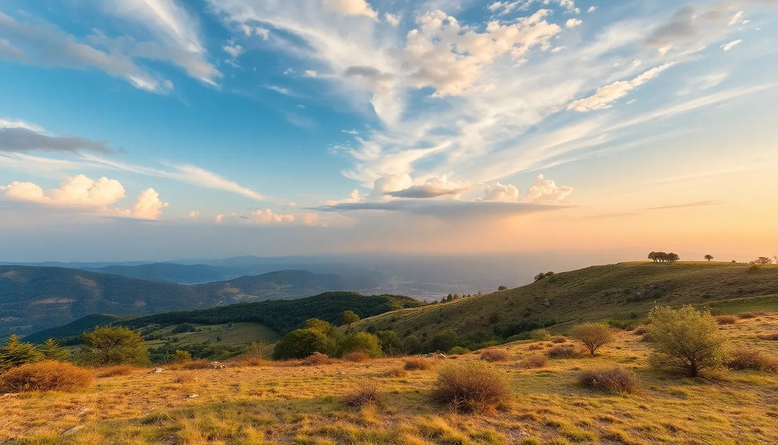 A scenic landscape featuring rolling hills, green vegetation, and a vibrant sunset sky with wispy clouds and soft pastel colors.