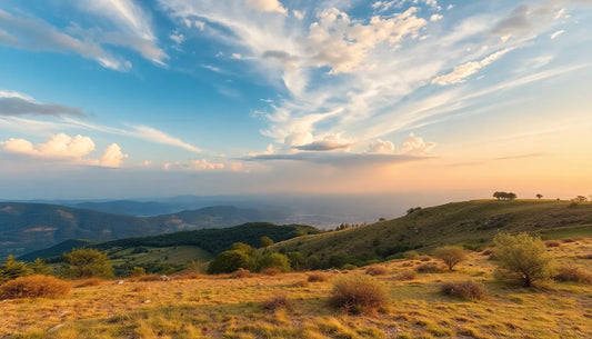 A scenic landscape featuring rolling hills, green vegetation, and a vibrant sunset sky with wispy clouds and soft pastel colors.