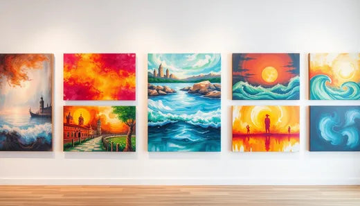 Colorful canvases showcasing vibrant landscapes, sunsets, and ocean waves displayed in a bright, modern gallery.