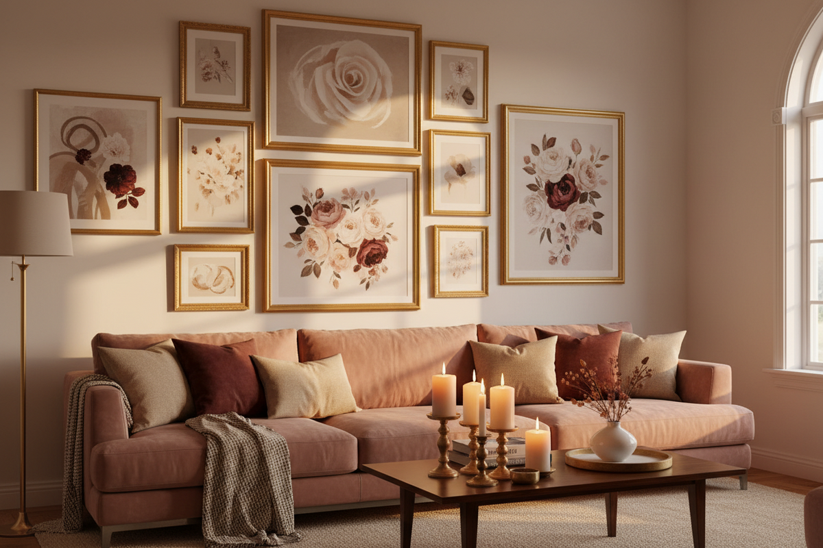 Bildeer an aeiner wand und im Vordergrund steht ein Sofa