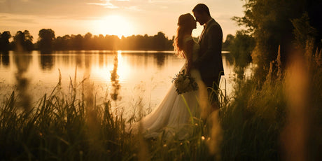 Silhouetted couple in wedding attire by a tranquil lake at sunset, surrounded by tall grass, capturing a romantic moment.