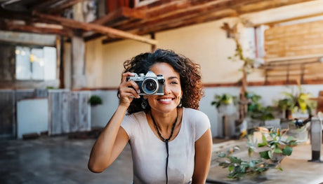 Smiling woman with curly hair holds a vintage camera in a bright, rustic setting with green plants and wooden décor.