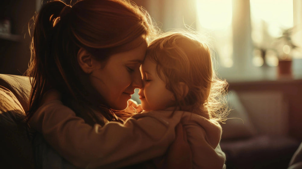 A mother and child embrace, sharing a tender moment as warm sunlight bathes them, highlighting their joyful expressions.