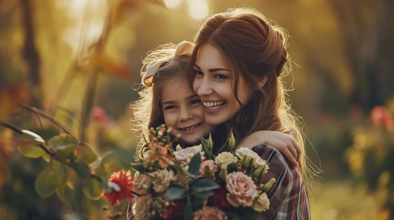 A joyful woman and young girl embrace, both smiling widely, surrounded by lush greenery and vibrant flowers, holding a bouquet.