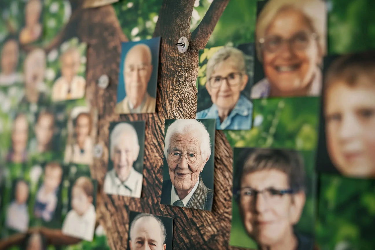 A collage of portraits displayed on a textured tree backdrop, showcasing diverse faces with smiles and warm expressions.