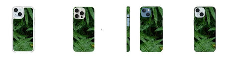 Personalisierte Handyhüllen mit einem lebendigen Grünton, gestaltet mit einem Blattmuster, passend für iPhone und Samsung.