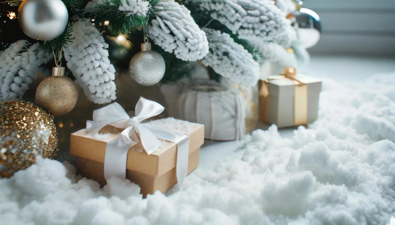 Presents wrapped in gold and white under a snowy Christmas tree, surrounded by fluffy white snow and festive ornaments.