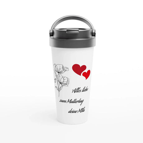 Dekoration mit Charakter. Weißer Edelstahl-Reisebecher (15oz): zeitlos und harmonisch. Eine besondere Bereicherung für jeden Raum.