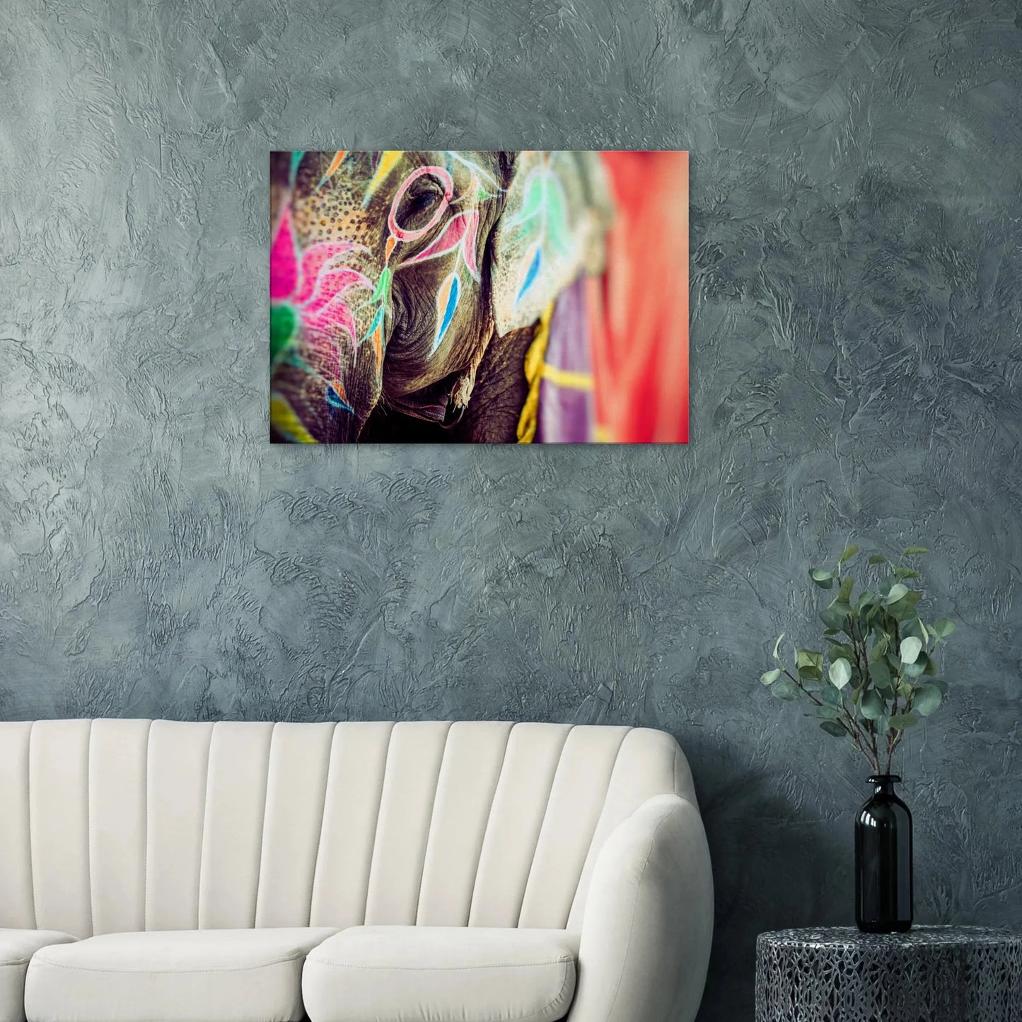 Dekoration mit Charakter. Leinwandbild Kunstdruck Bunter Elefant 70x100 cm / 28x40″: passt in jedes Ambiente. Schlicht, elegant und wirkungsvoll.