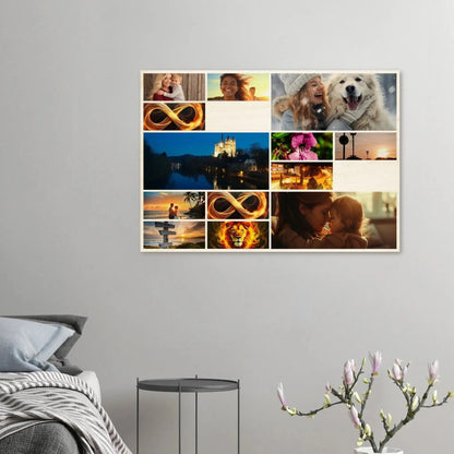 Stimmungsvolle Wandkunst für stilvolle Räume. Fotocollage auf Birkenholzplatte Erinnerungen bewahren: für stilvolle Raumgestaltung. Schlicht, elegant und wirkungsvoll.