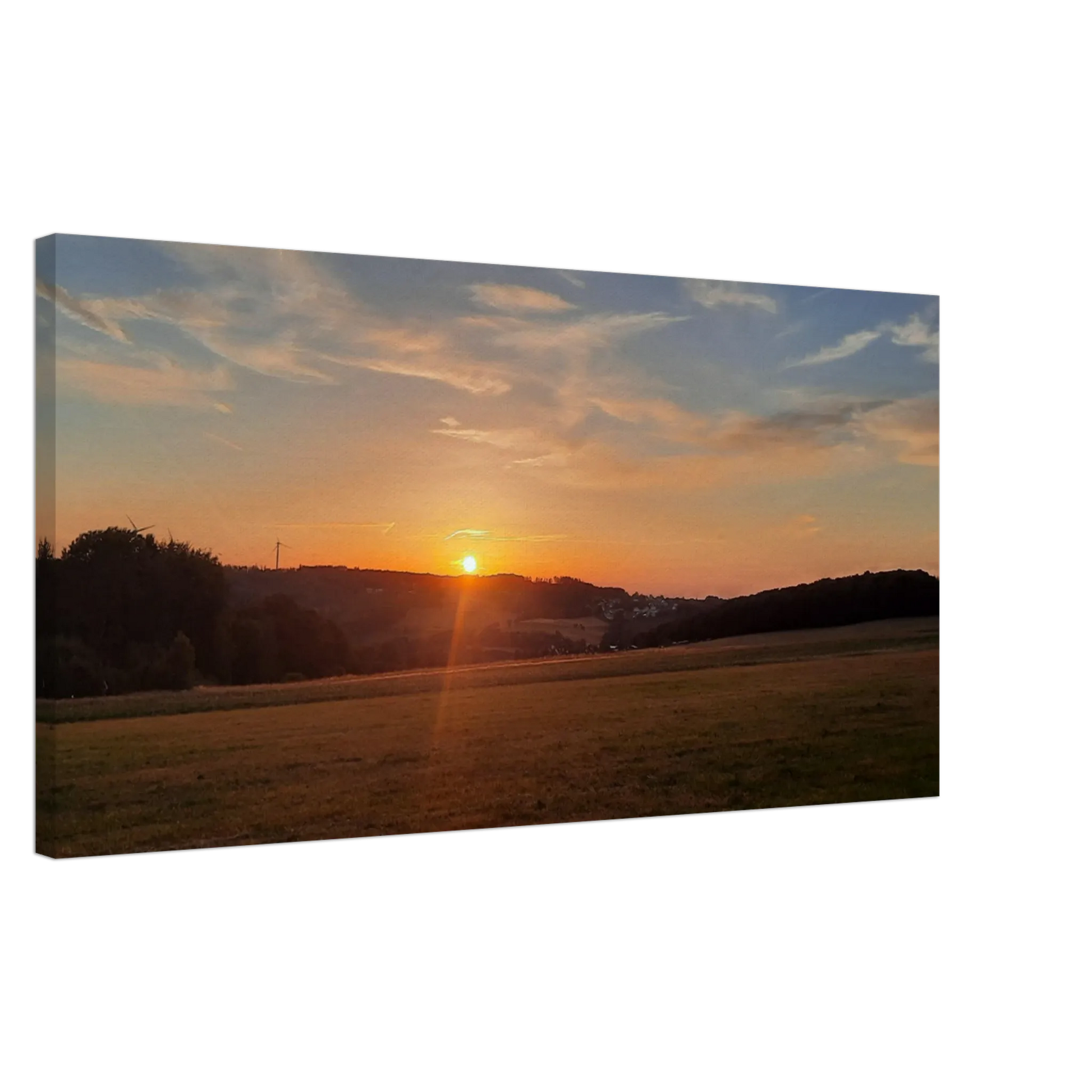 Ein Ausdruck moderner Ästhetik. Abendrot in den Hügeln - Landschaftsbild auf Leinwand im Westerwald: passt in jedes Ambiente. Eine besondere Bereicherung für jeden Raum.