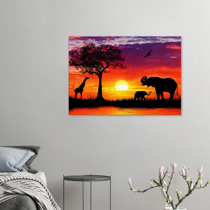 Ein Ausdruck moderner Ästhetik. Leinwand  Kunstdruck Elefanten vor Sonnenuntergang 70x100 cm: passt in jedes Ambiente. Schlicht, elegant und wirkungsvoll.