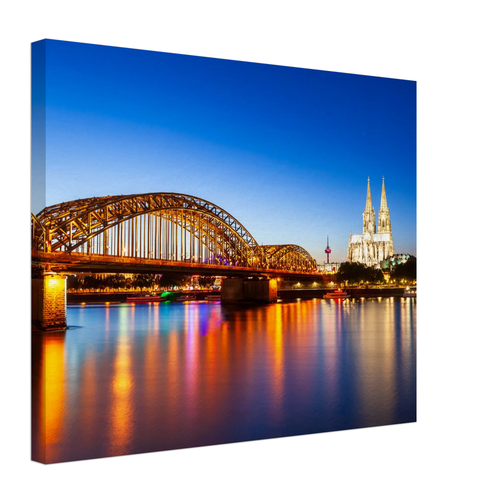Stimmungsvolle Wandkunst für stilvolle Räume. Köln bei Nacht – Hochwertiger Leinwanddruck für Wohnzimmer & Büro: zeitlos und harmonisch. Schlicht, elegant und wirkungsvoll.