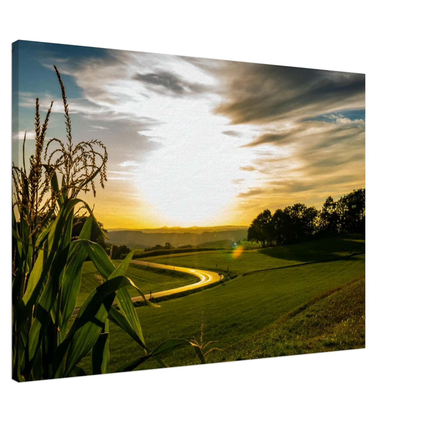 Stimmungsvolle Wandkunst für stilvolle Räume. Kunstdruck auf Leinwand - Abendsonne in Obermörsbach  70x100 cm / 28x40″: passt in jedes Ambiente. Eine besondere Bereicherung für jeden Raum.