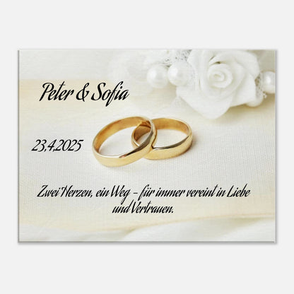 Einzigartige Erinnerung an einen besonderen Tag. Personalisiertes Geschenk zur Hochzeit – Kunstdruck auf Leinwand für Ihr Zuhause: zeitlos und liebevoll gestaltet. Ein bleibendes Andenken an einen einmaligen Tag.