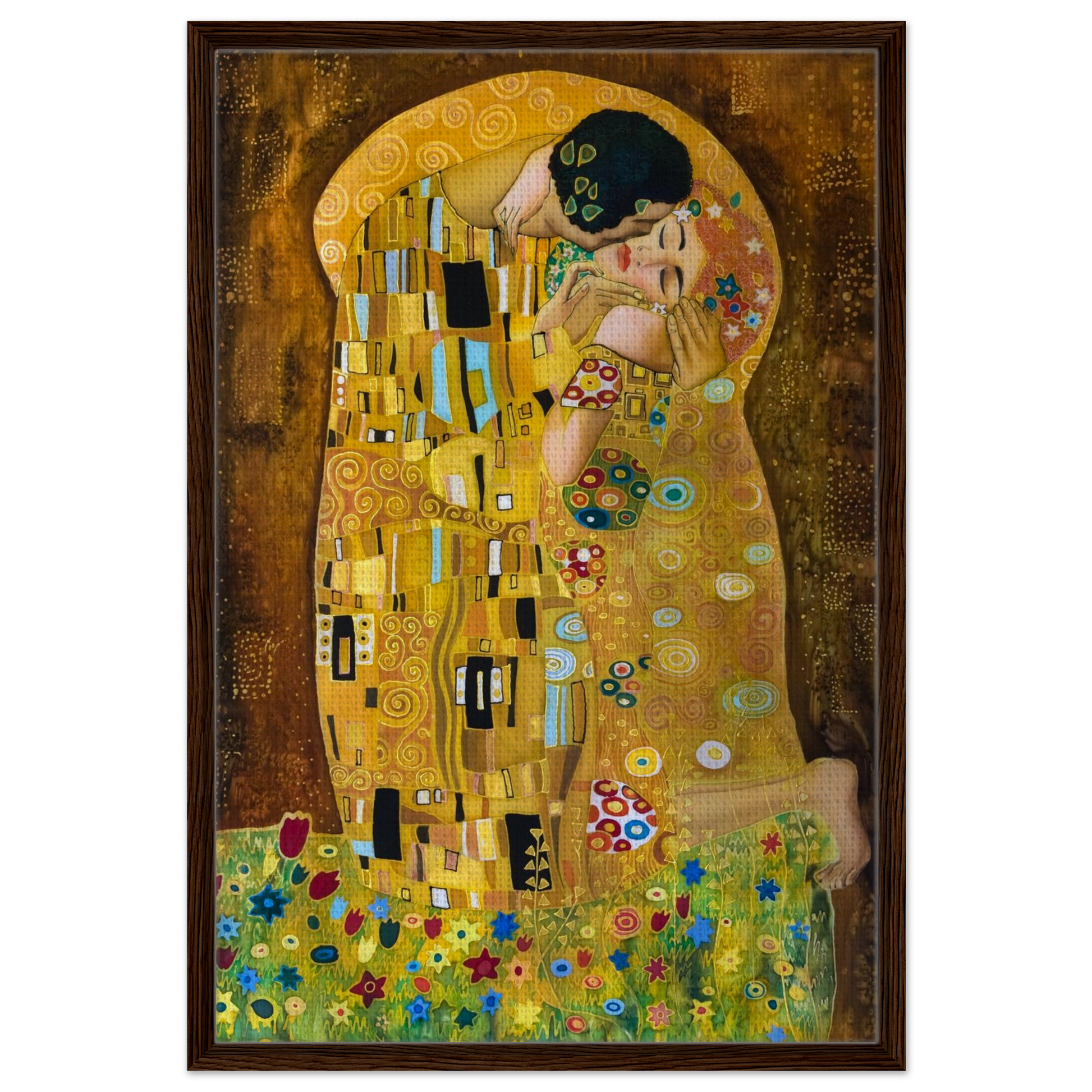 Ein Ausdruck moderner Ästhetik. Gustav Klimt Der Kuss - Gerahmte Leinwand 70x100 cm: für stilvolle Raumgestaltung. Schlicht, elegant und wirkungsvoll.
