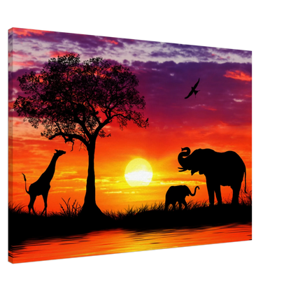 Ein Ausdruck moderner Ästhetik. Leinwand  Kunstdruck Elefanten vor Sonnenuntergang 70x100 cm: für stilvolle Raumgestaltung. Schlicht, elegant und wirkungsvoll.