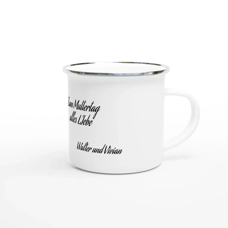 Liebevoll gestaltete personalisierte Tasse. Weiße Emaille-Tasse zum Muttertag personalisieren 💕: mit eigenem Namen, Spruch oder Foto. Ein besonderer Genuss für Kaffee- oder Teeliebhaber.