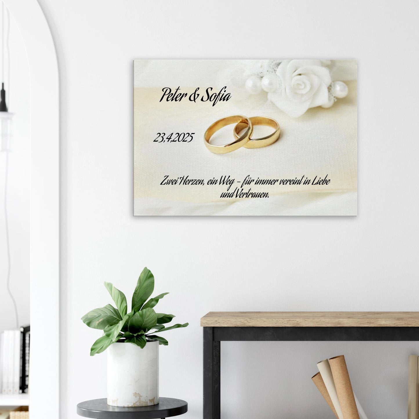 Einzigartige Erinnerung an einen besonderen Tag. Personalisiertes Geschenk zur Hochzeit – Kunstdruck auf Leinwand für Ihr Zuhause: ideal als persönliches Geschenk. Ideal für frisch Vermählte und verliebte Paare.