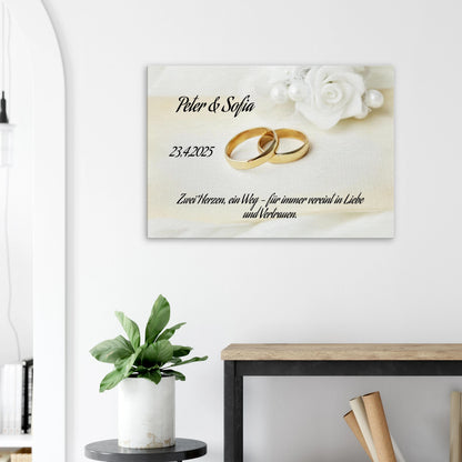 Einzigartige Erinnerung an einen besonderen Tag. Personalisiertes Geschenk zur Hochzeit – Kunstdruck auf Leinwand für Ihr Zuhause: ideal als persönliches Geschenk. Ideal für frisch Vermählte und verliebte Paare.