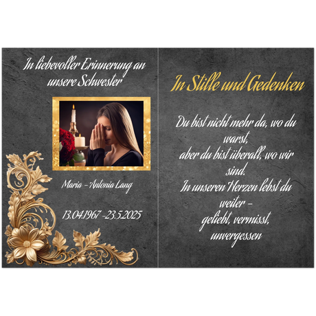 Stimmungsvolle Wandkunst für stilvolle Räume. Trauerspruch schwester- Dankeskarte handgemacht als Kunstdruck: zeitlos und harmonisch. Schlicht, elegant und wirkungsvoll.