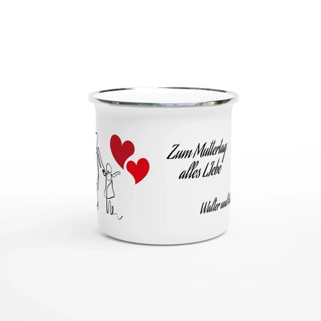 Liebevoll gestaltete personalisierte Tasse. Weiße Emaille-Tasse zum Muttertag personalisieren 💕: mit eigenem Namen, Spruch oder Foto. Ein besonderer Genuss für Kaffee- oder Teeliebhaber.